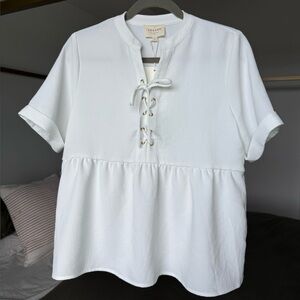 Sézane White Short Sleeve Blouse FR 34 US 2 Lace Up Shirt Cottagecore Coquette
